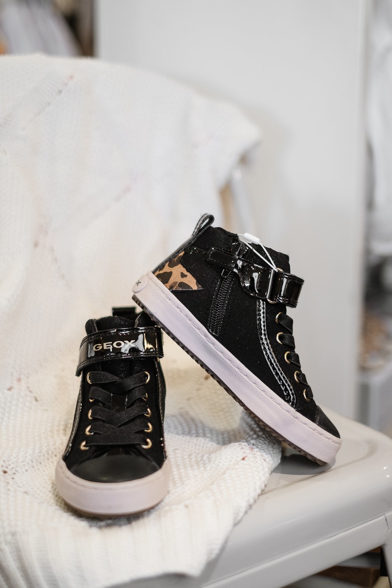 Geox Girls' Hightop Sneaker  J944GM Black w/Leopard Print *