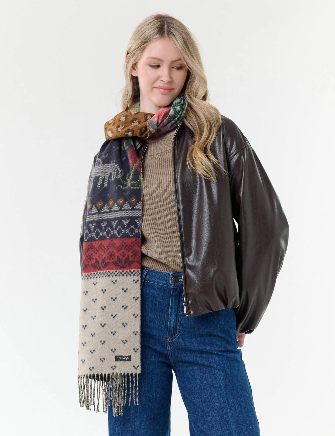 Fraas Cashmink Scarf with Mixed Wintery Patterns  620014  Dark Navy