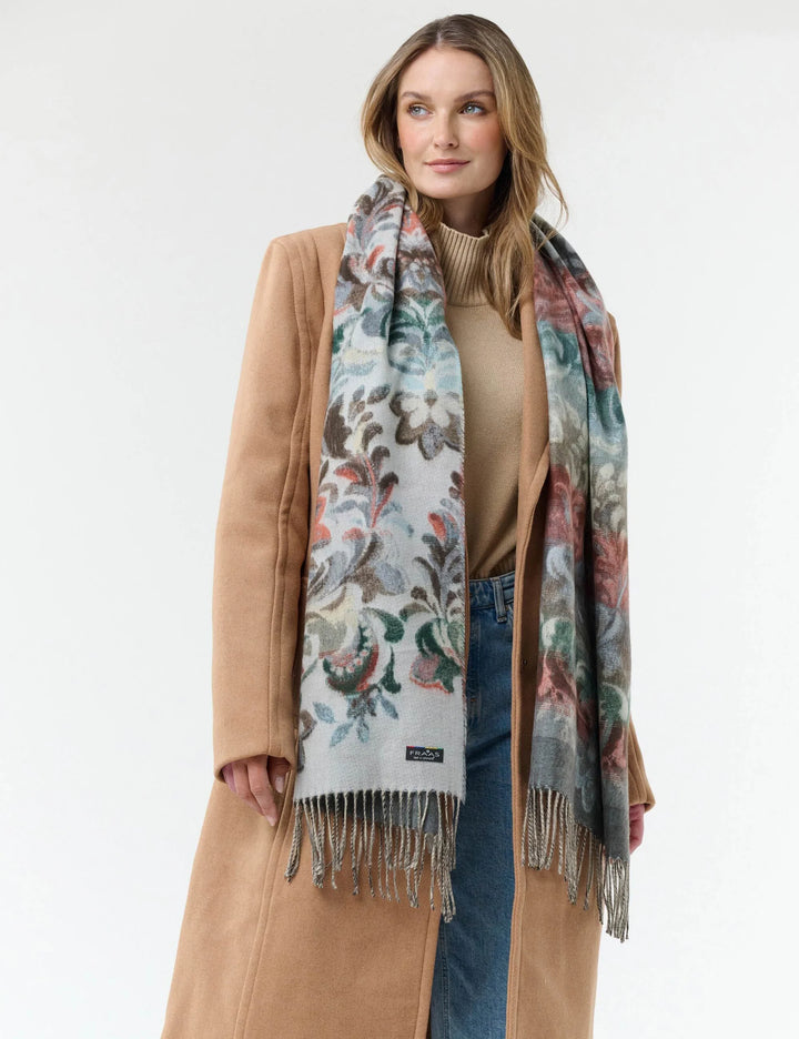 Fraas Cashmink Scarf with Floral and Vine Design  620015-501  Zen blue