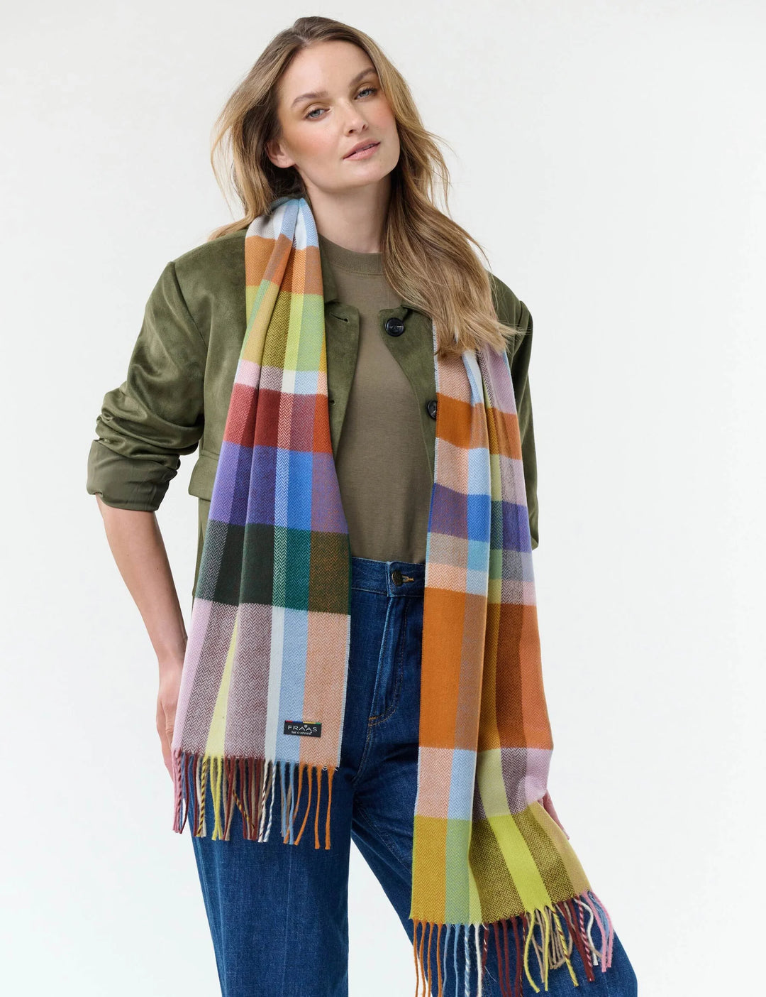 Fraas Checkered Cashmink Scarf with Small Herringbone Pattern  625535-501  Zen blue