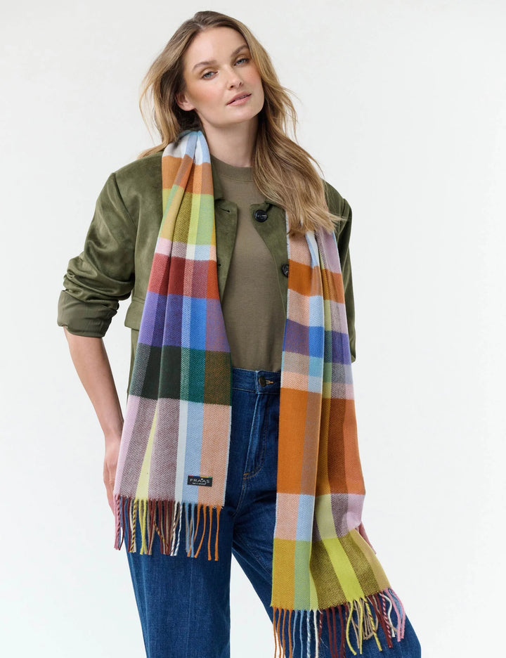 Fraas Checkered Cashmink Scarf with Small Herringbone Pattern  625535-501  Zen blue