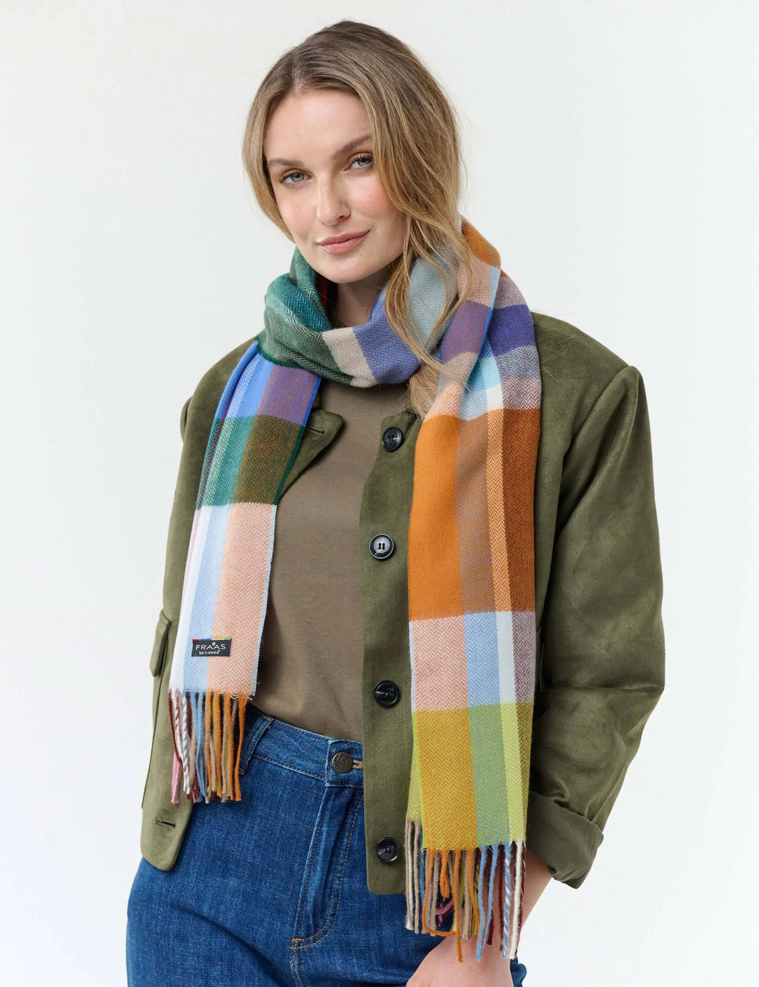 Fraas Checkered Cashmink Scarf with Small Herringbone Pattern  625535-501  Zen blue