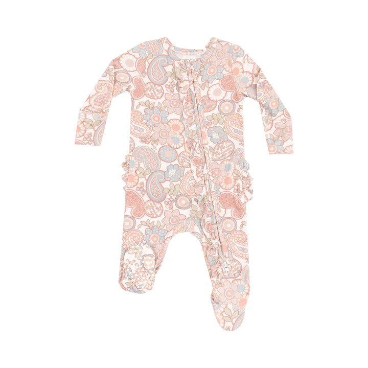Angel Dear Baby Girl Ruffled 2 Way Zipper Footie   128-S25-FPA   Folk Paisley