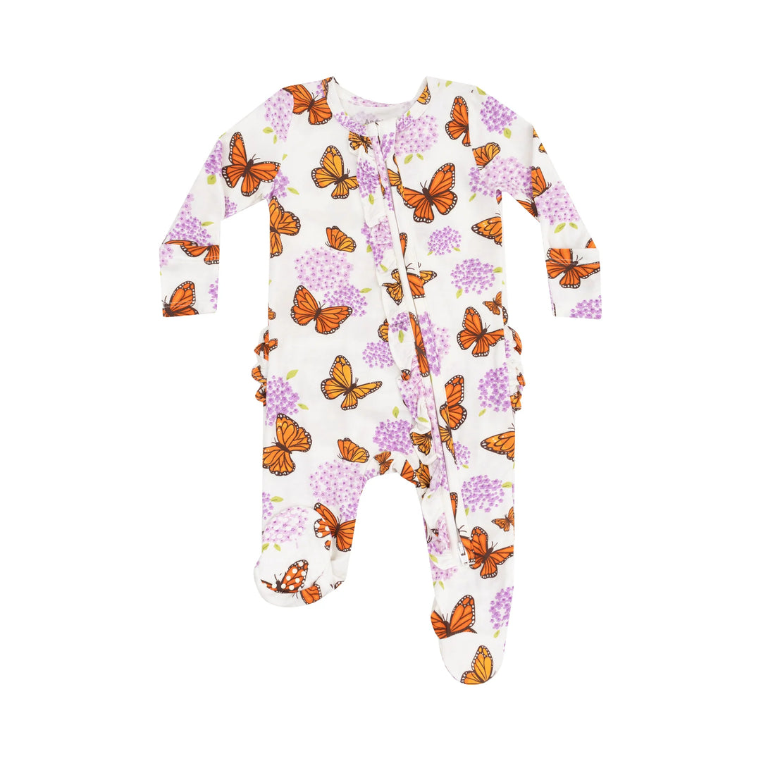 Angel Dear Baby Girl 2 Way Ruffle Zipper Footie   128-S25-MON   Monarch Butterflies