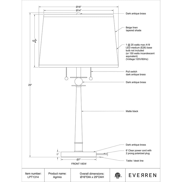 Renwil Table Lamp  LPT1314  Everren Agrinio