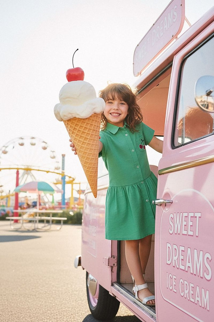Deux Par Deux Girls Dress Shirt Dress With Embroidered Cherries   H30L88   Golf Green