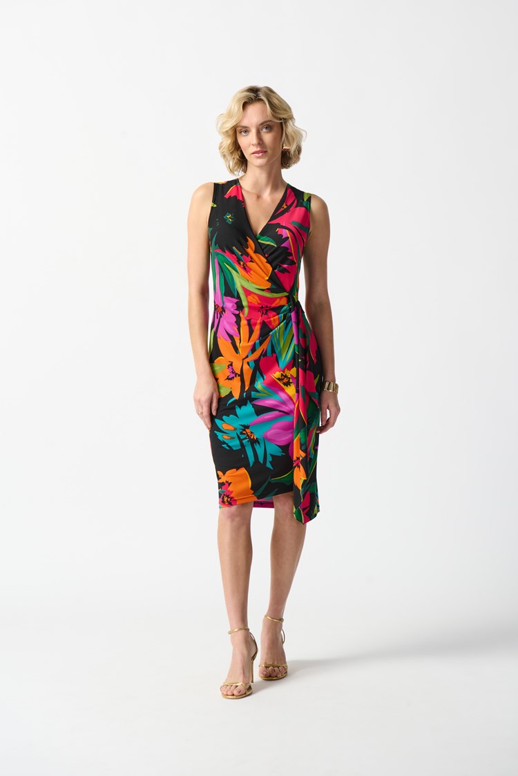 Joseph Ribkoff Tropical Print Wrap Dress  242012 Black/Multi