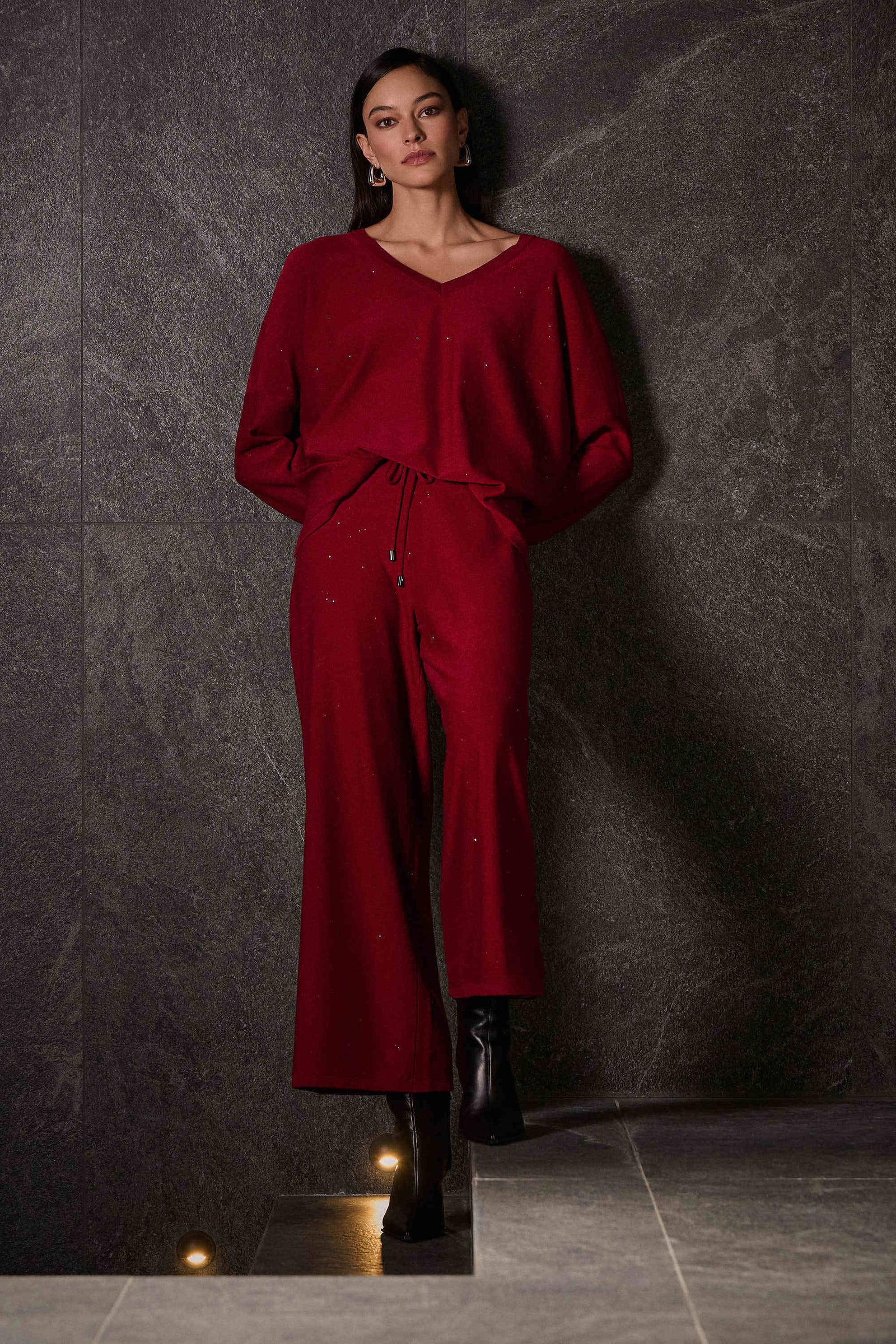 Joseph Ribkoff Sequined Sweater Knit Culotte Pants  244922 Deep Cherry