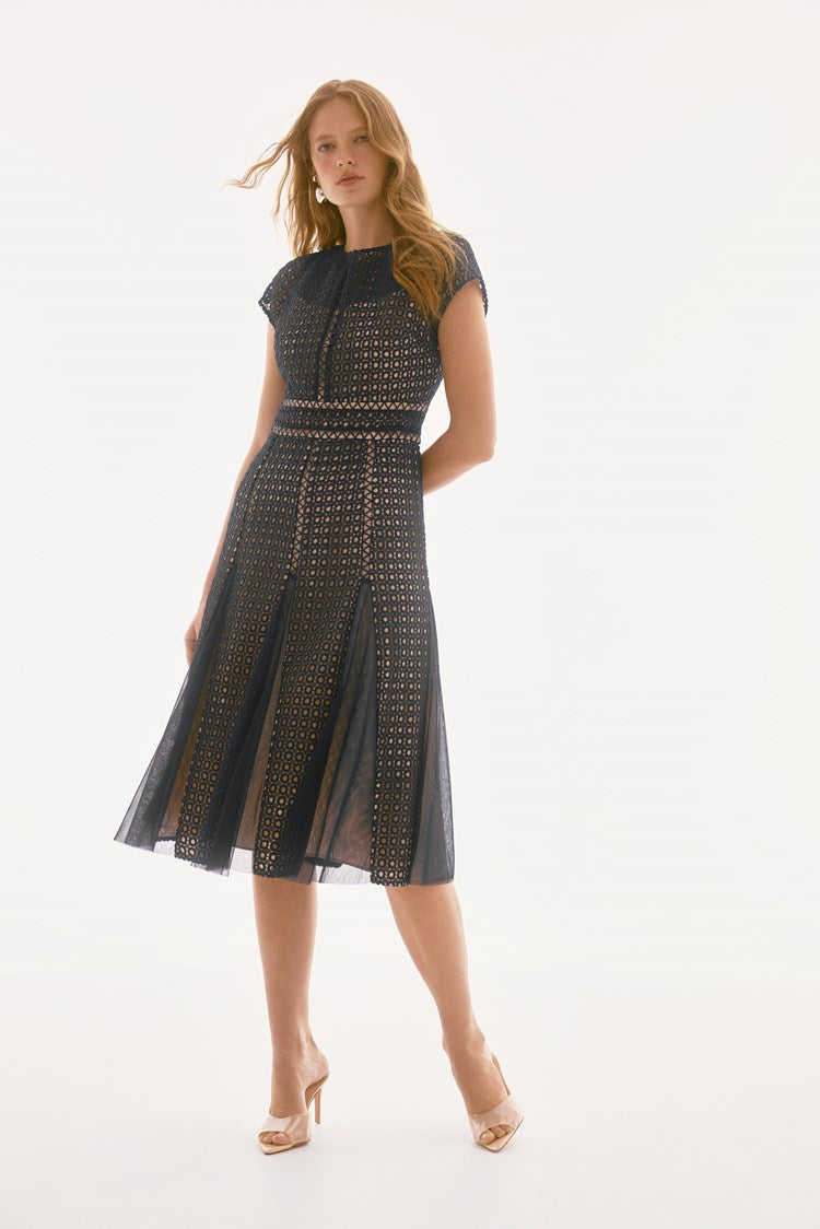 Joseph Ribkoff Mesh Fit and Flare Dress  251718  Navy/Nude
