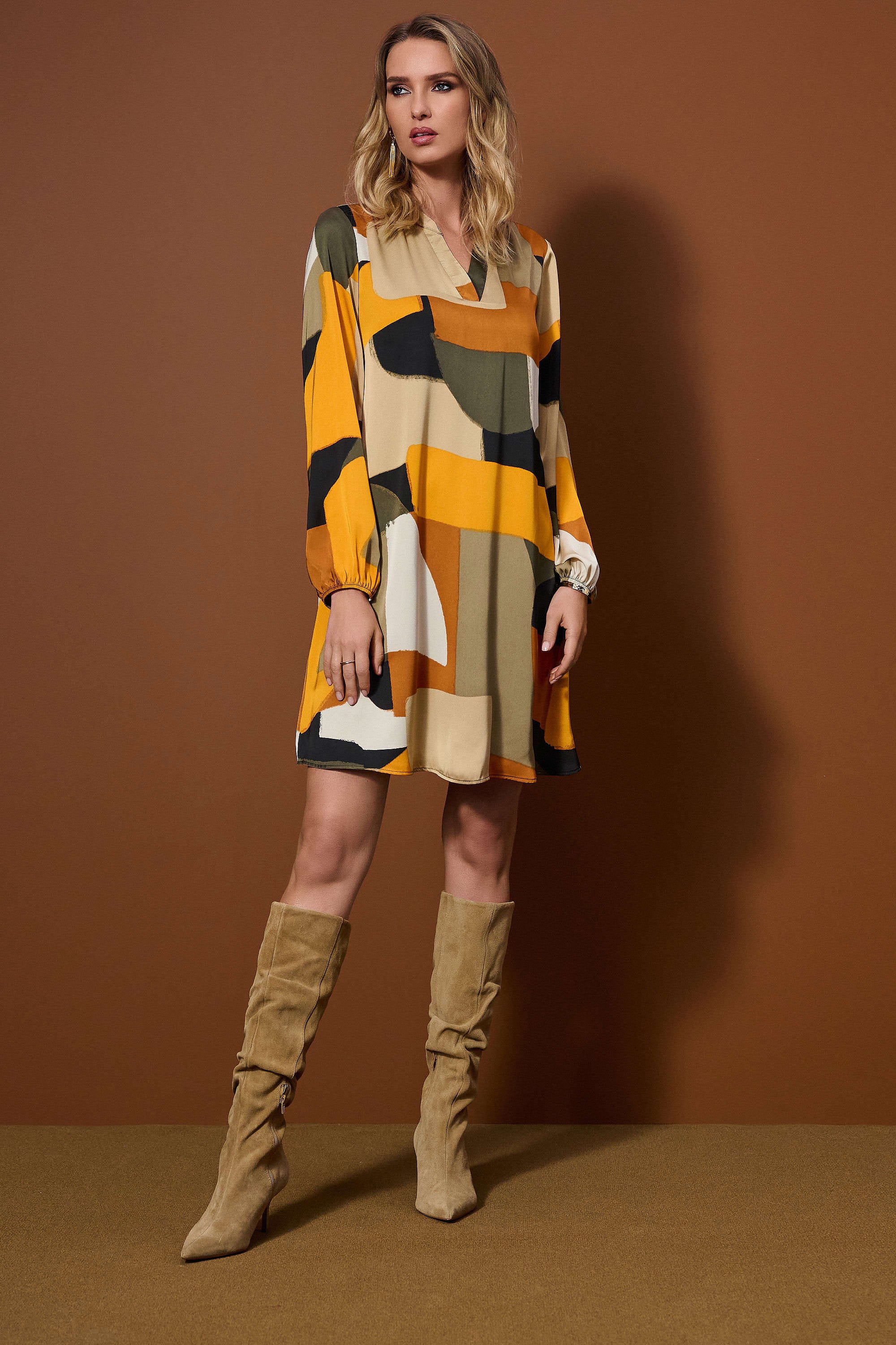 Joseph Ribkoff Satin Abstract Print Trapeze Dress  253218  Black/Multi