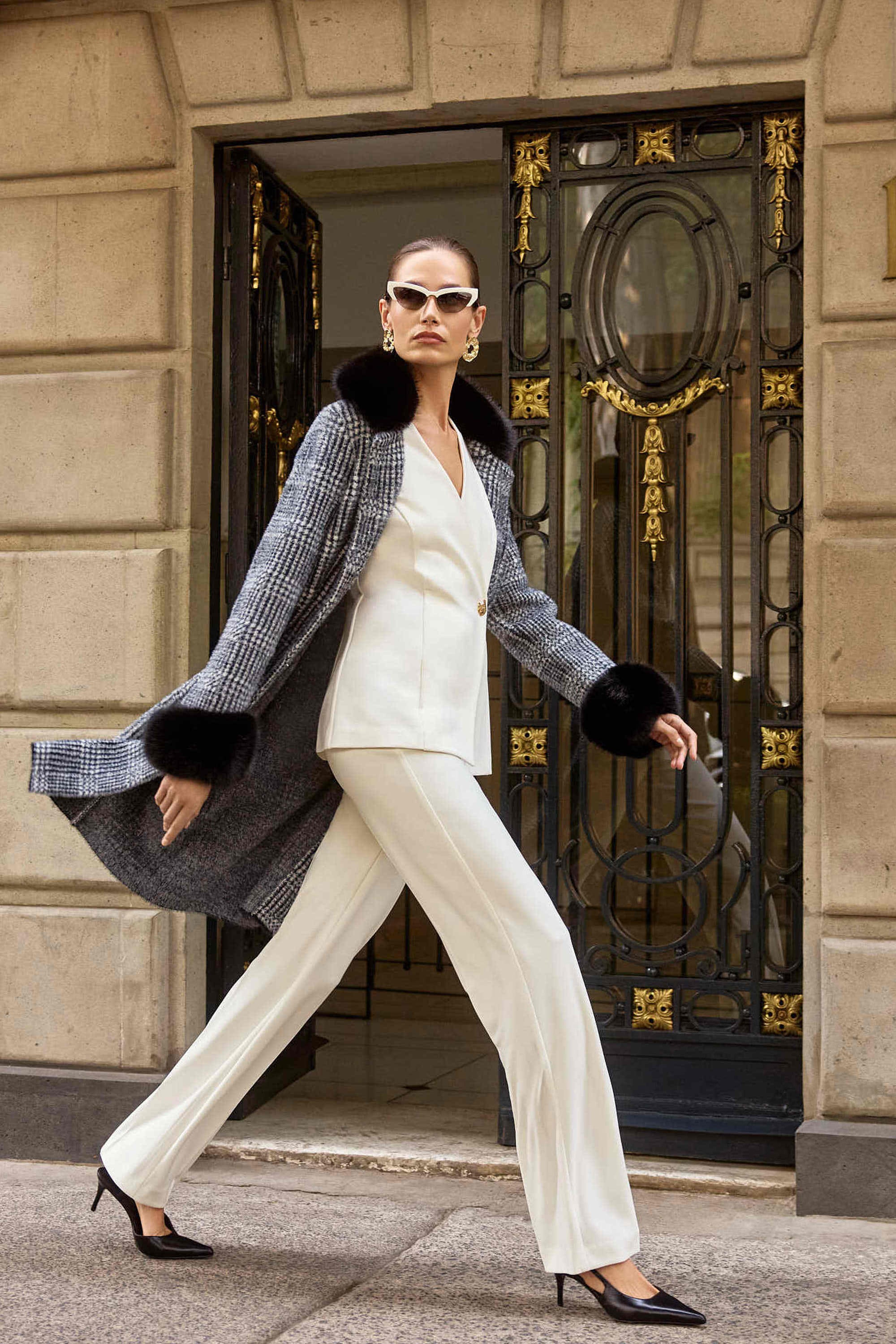 Joseph Ribkoff Plaid Jacquard Coat with Faux Fur Trim 253900