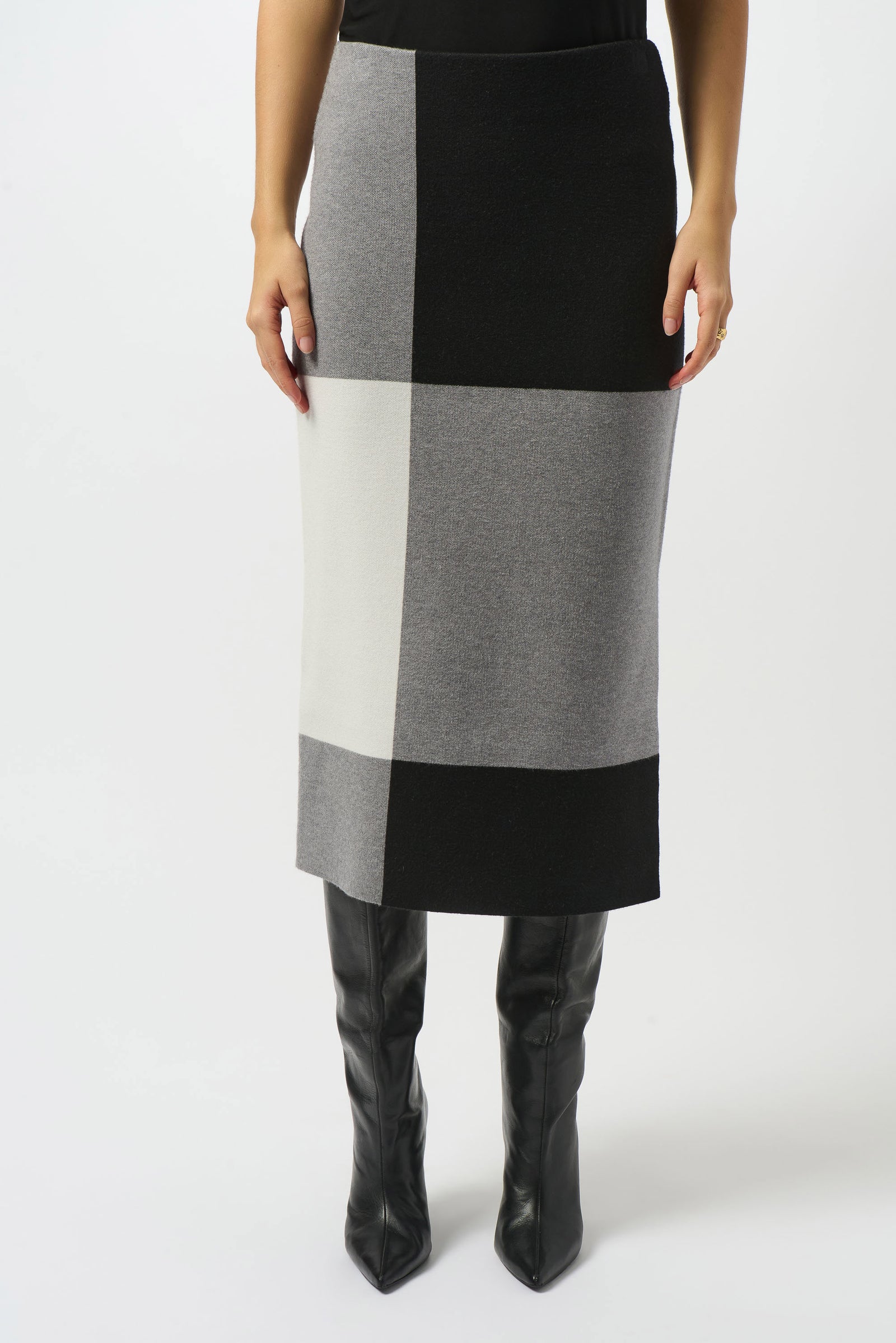 Joseph Ribkoff Jacquard Sweater Colour Block Skirt  253908  Blk/Grey/Vanilla