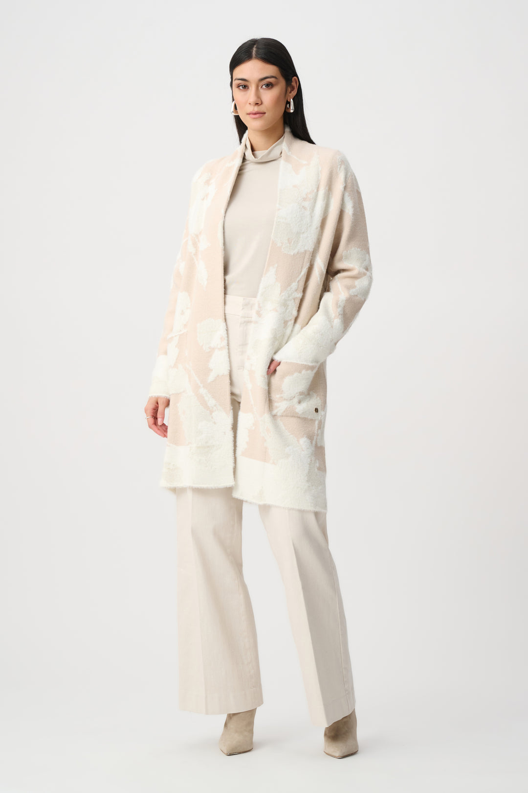 Joseph Ribkoff Jacquard Sweater Knit Long Cardigan  253956  Oatmeal/Winter White