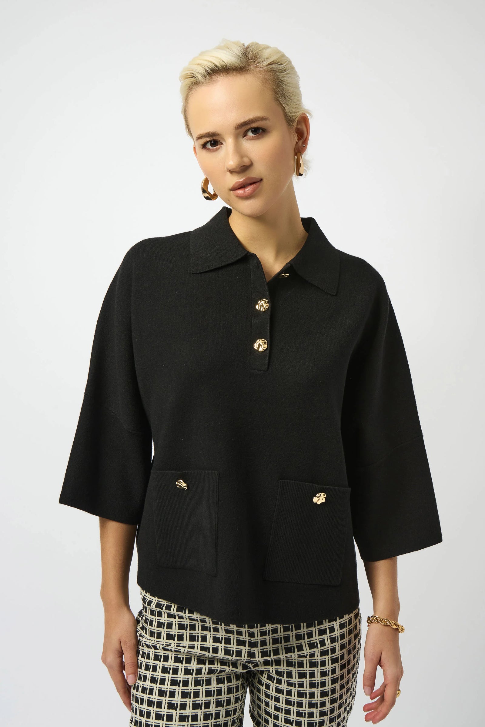 Joseph Ribkoff Knit Boxy Pullover with Polo Collar  253962  Black