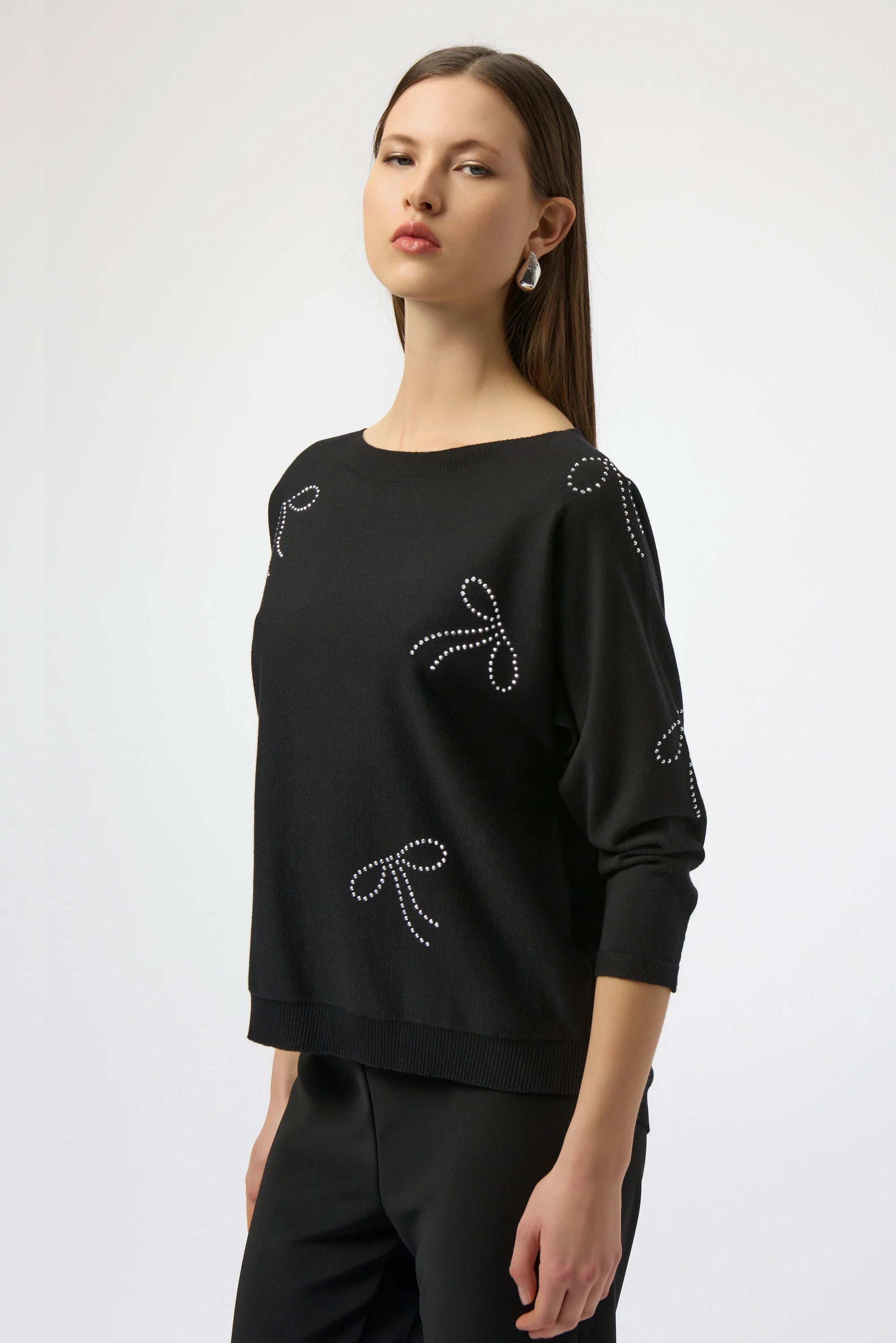 Joseph Ribkoff Sweater Knit Pullover with Bow Detail  254950  Black