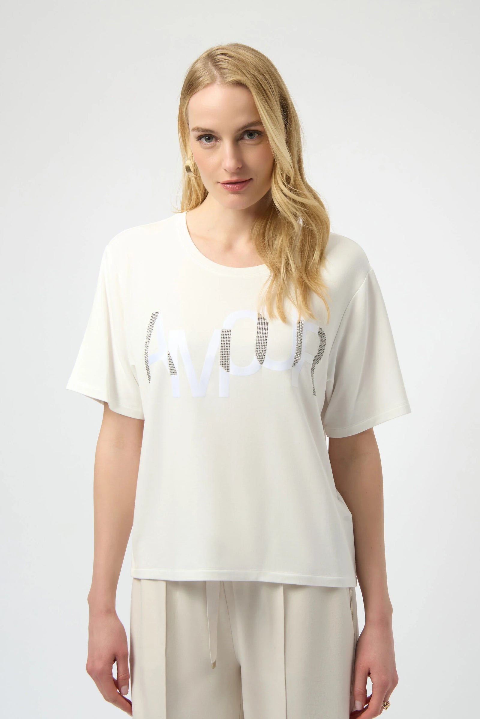 Joseph Ribkoff  Amour Knit Tee with Rhinestones  254958  Winter White