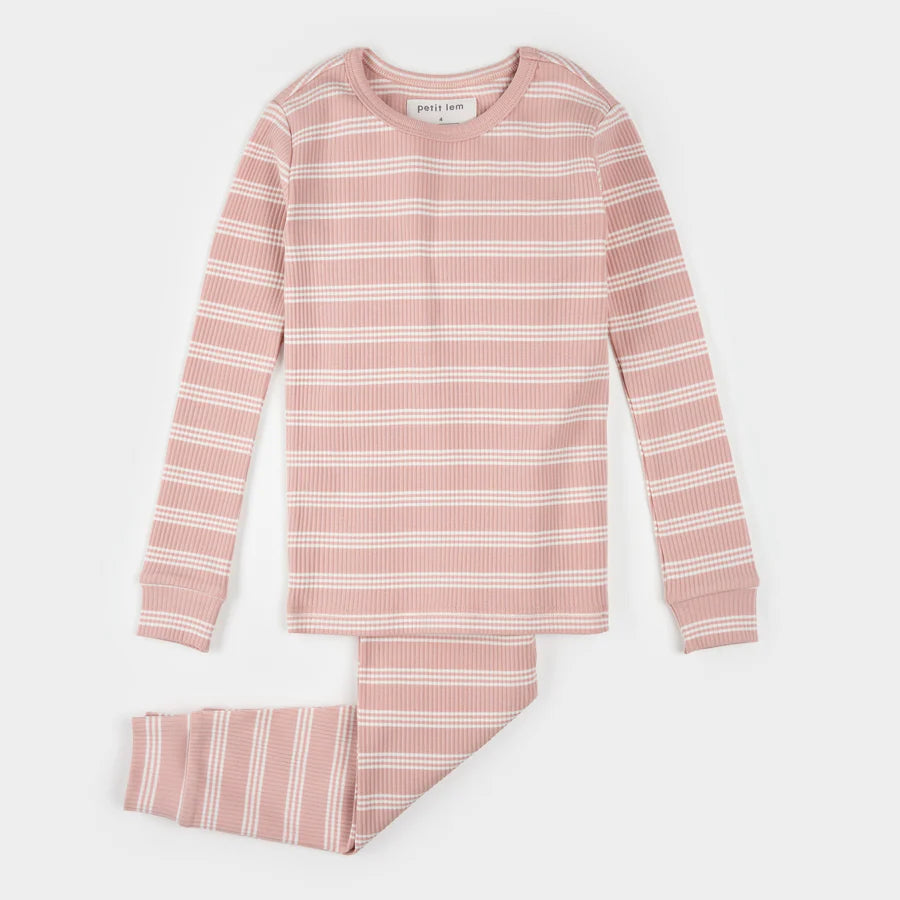 Petit Lem Girls Pajamas - Rose Striped Rib Knit