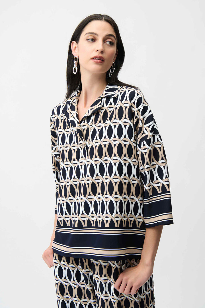 Joseph Ribkoff Boxy Top with Shirt Collar  261057  Midnight Blue/Multi