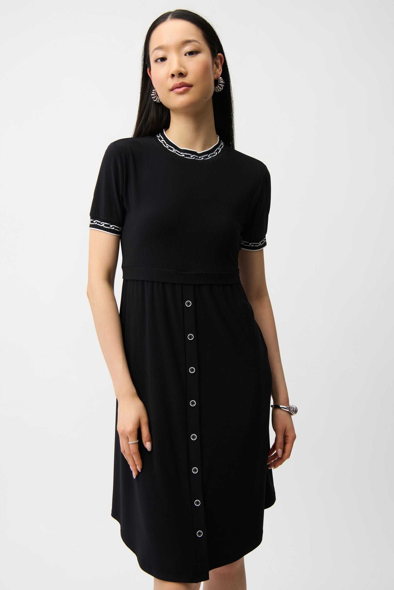 Joseph Ribkoff Fit and Flare Dress with Button-Front Skirt  261093  Black/Vanilla