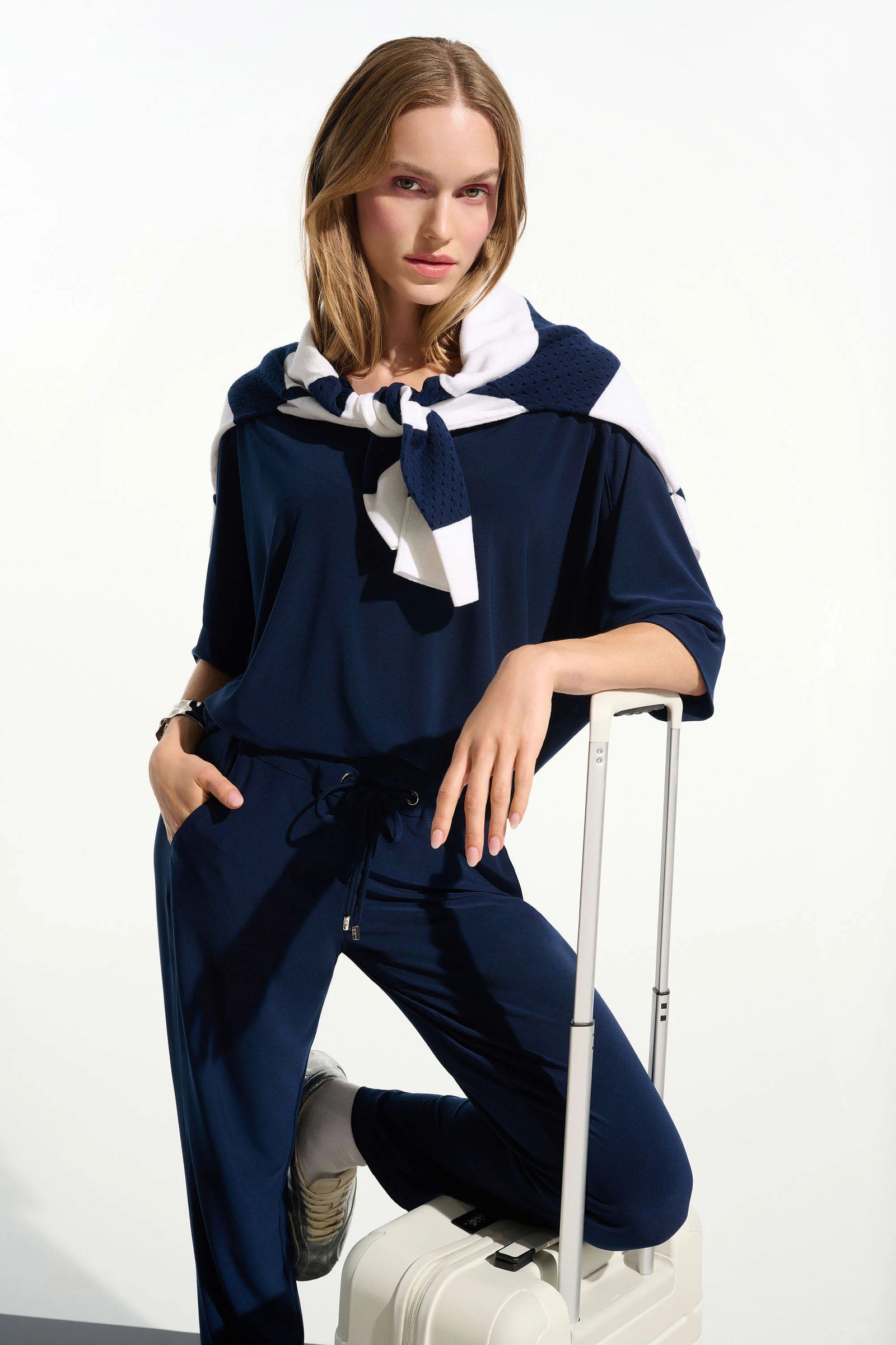 Joseph Ribkoff Silky Knit Boxy Top with V-Neck  261641  Indigo