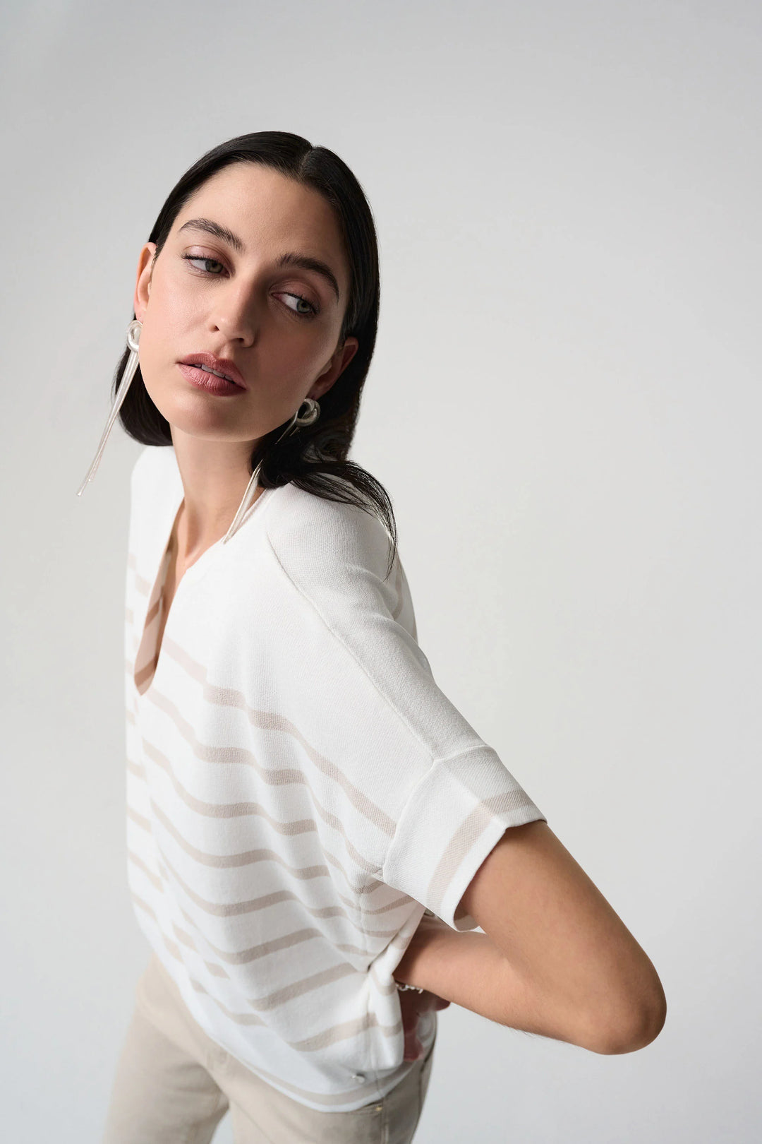 Joseph Ribkoff Short Sleeve V-Neck Sweater  261921  Vanilla/Moonstone