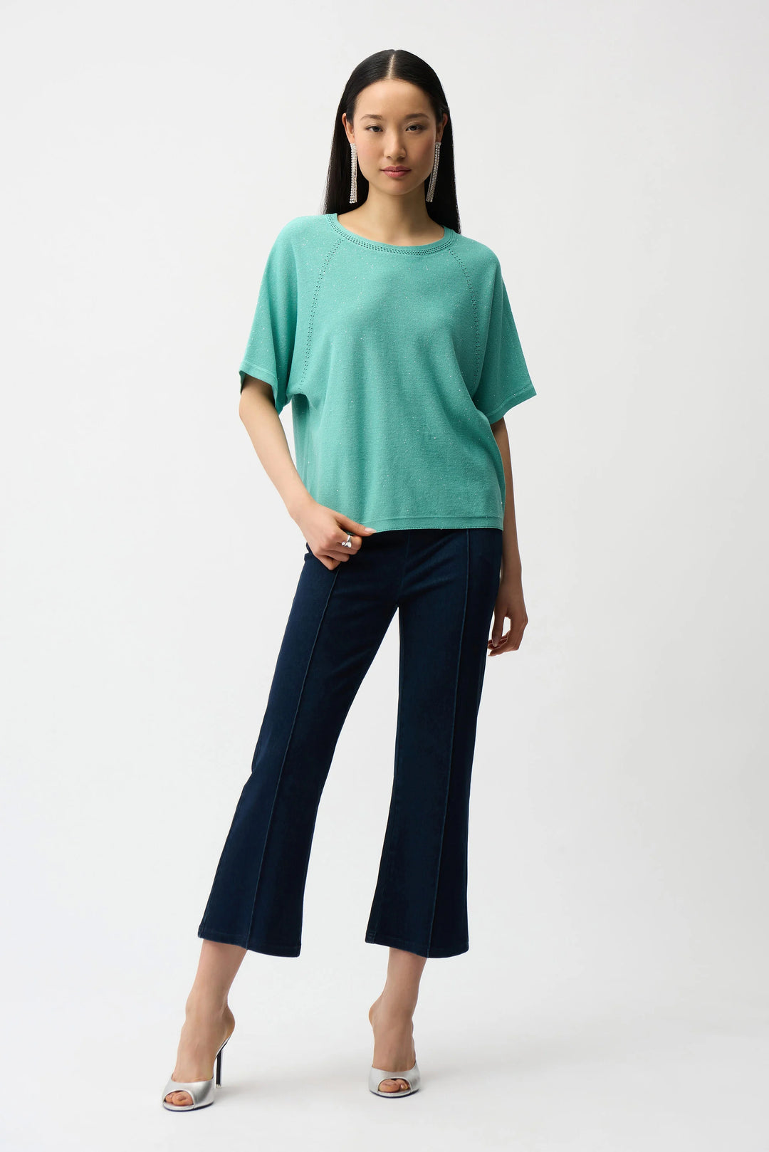 Joseph Ribkoff Knit Denim Cropped Flare Pant  261953  Dark Denim Blue