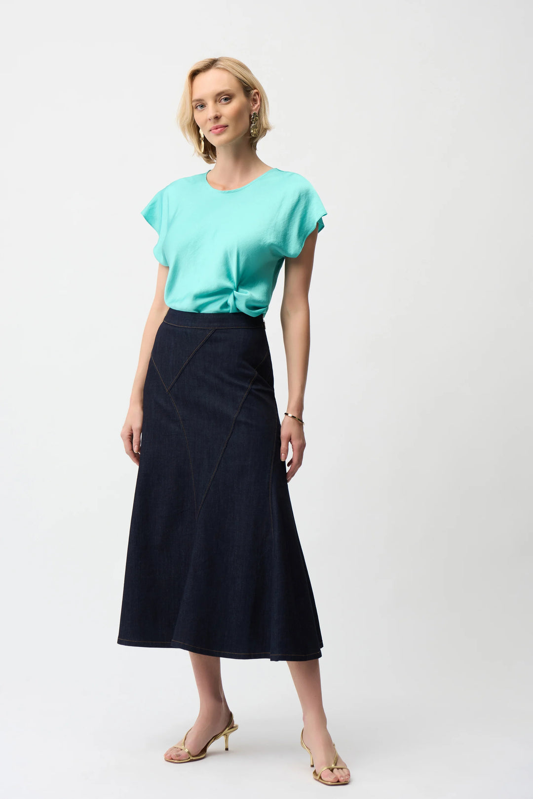 Joseph Ribkoff Denim Flare Skirt With Exposed Zipper 261969 Dark Denim