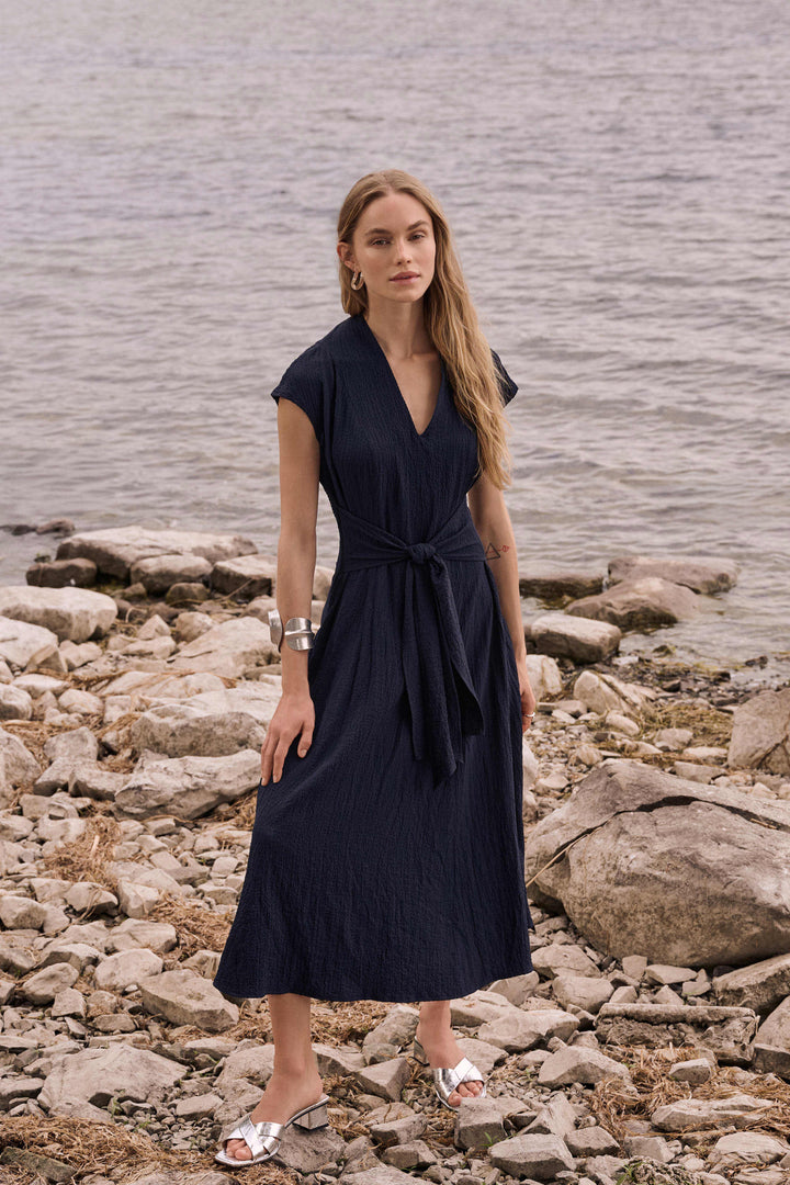 Joseph Ribkoff Seersucker Fit and Flare Dress 262026  Midnight Blue