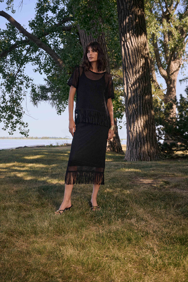 Joseph Ribkoff Knit Pull-On Skirt with Fringe  262929  Black