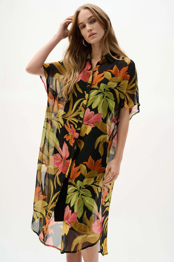 Joseph Ribkoff Tropical Print Long Tunic  262949  Black/Multi
