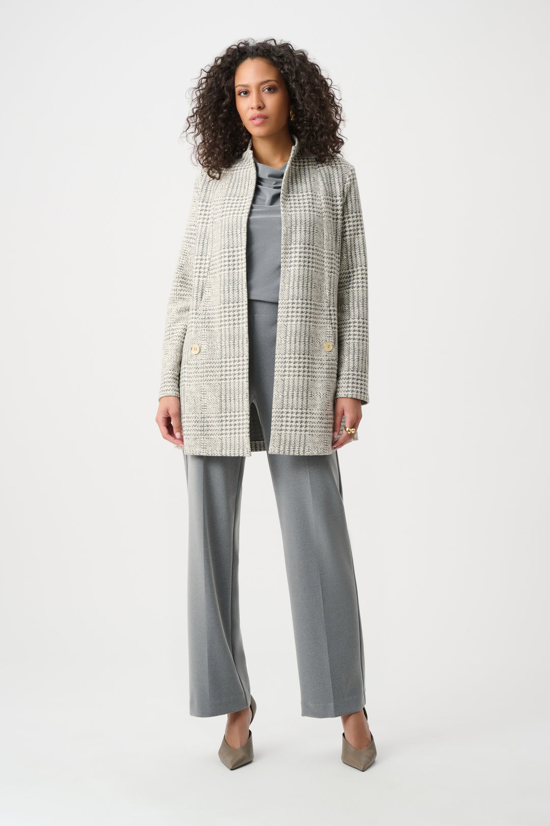 Joseph Ribkoff Jacquard Plaid A-Line Coat  263072  Off White/Grey