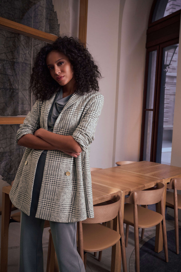 Joseph Ribkoff Jacquard Plaid A-Line Coat  263072  Off White/Grey