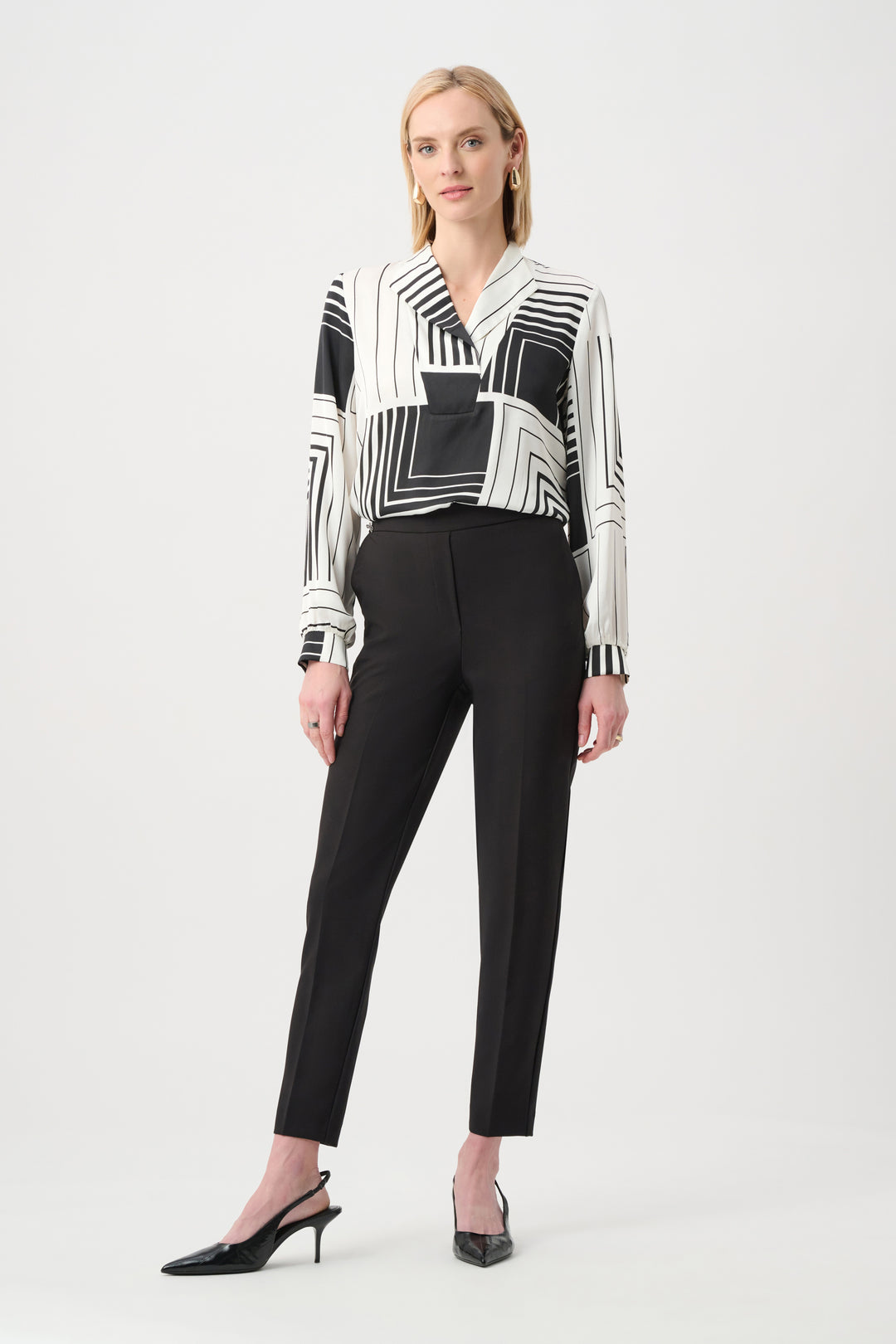 Joseph Ribkoff Satin Geometric Print Boxy Top  263153  White//Black