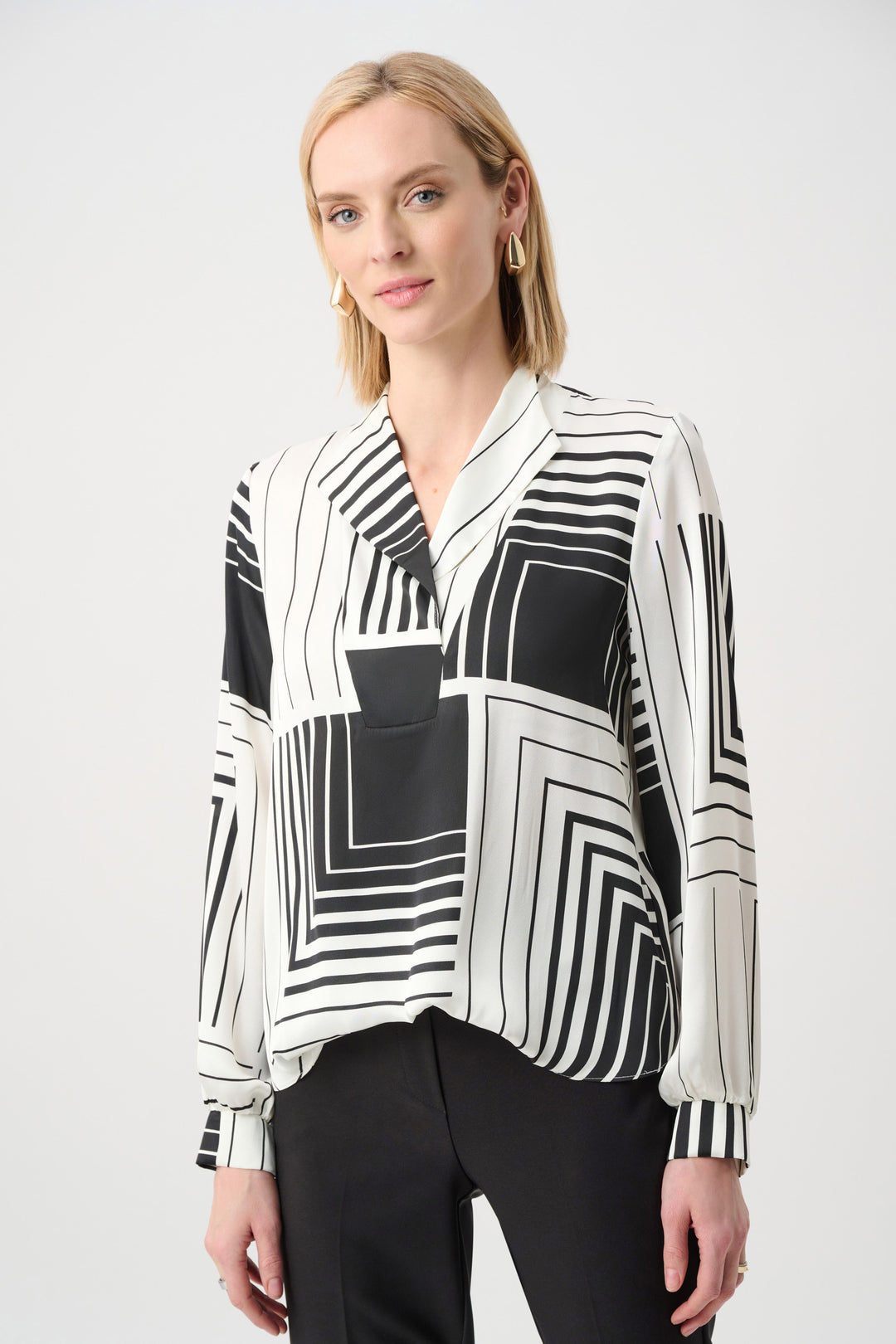 Joseph Ribkoff Satin Geometric Print Boxy Top  263153  White//Black