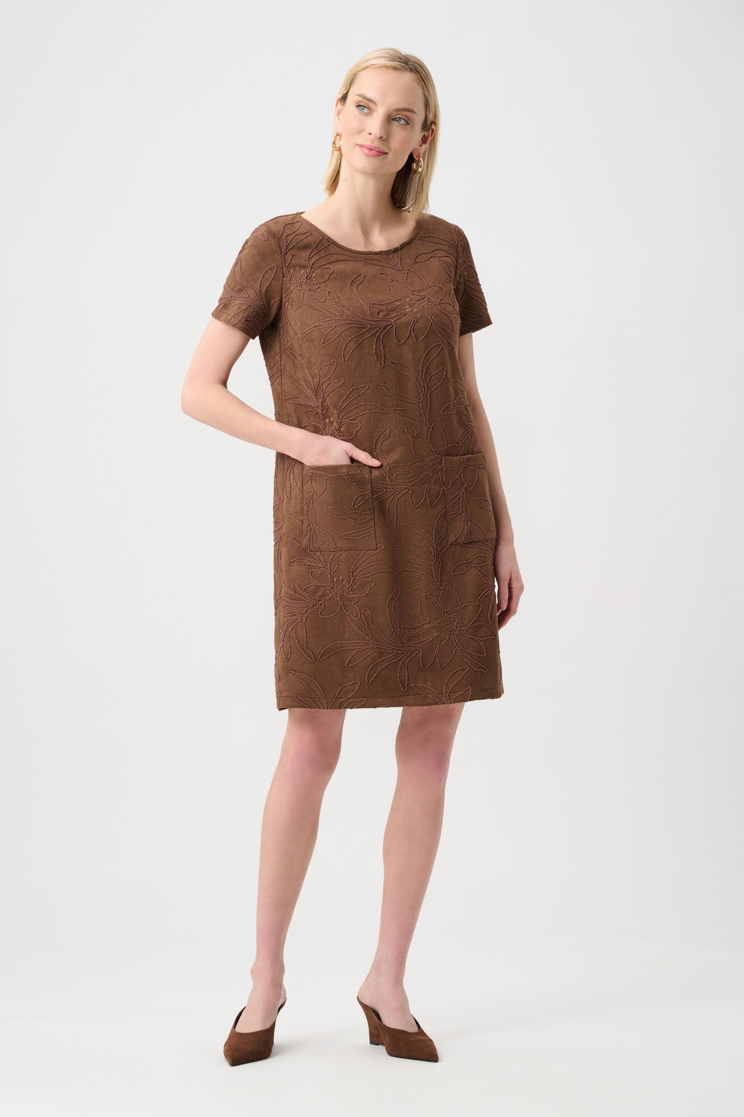Joseph Ribkoff Embroidered Suede Boat-Neck Shift Dress  263185  Brown