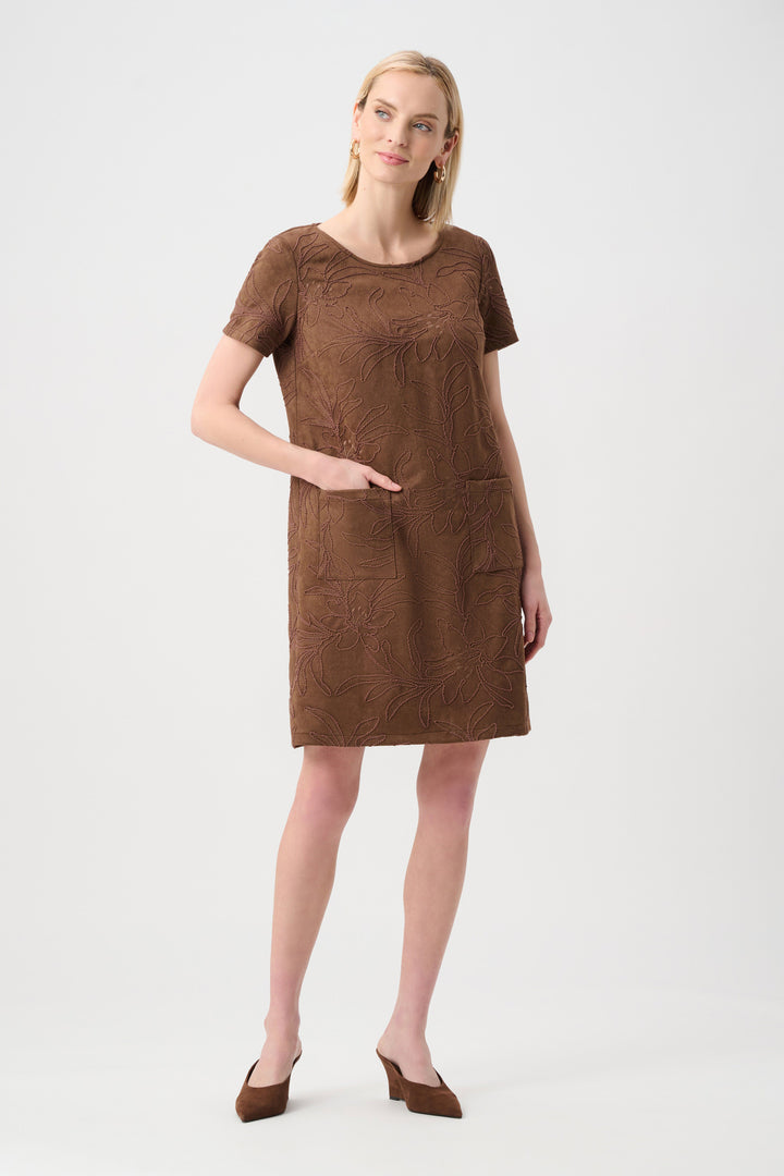 Joseph Ribkoff Embroidered Suede Boat-Neck Shift Dress  263185  Brown