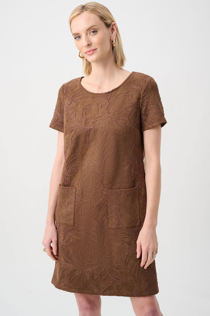 Joseph Ribkoff Embroidered Suede Boat-Neck Shift Dress  263185  Brown