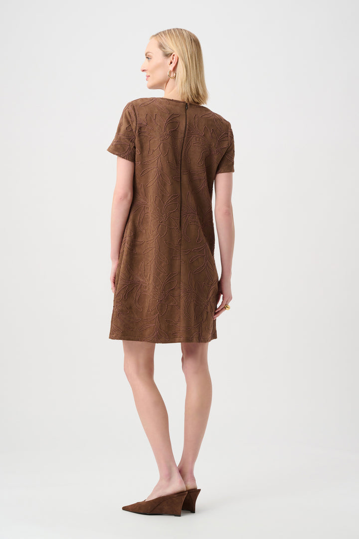 Joseph Ribkoff Embroidered Suede Boat-Neck Shift Dress  263185  Brown