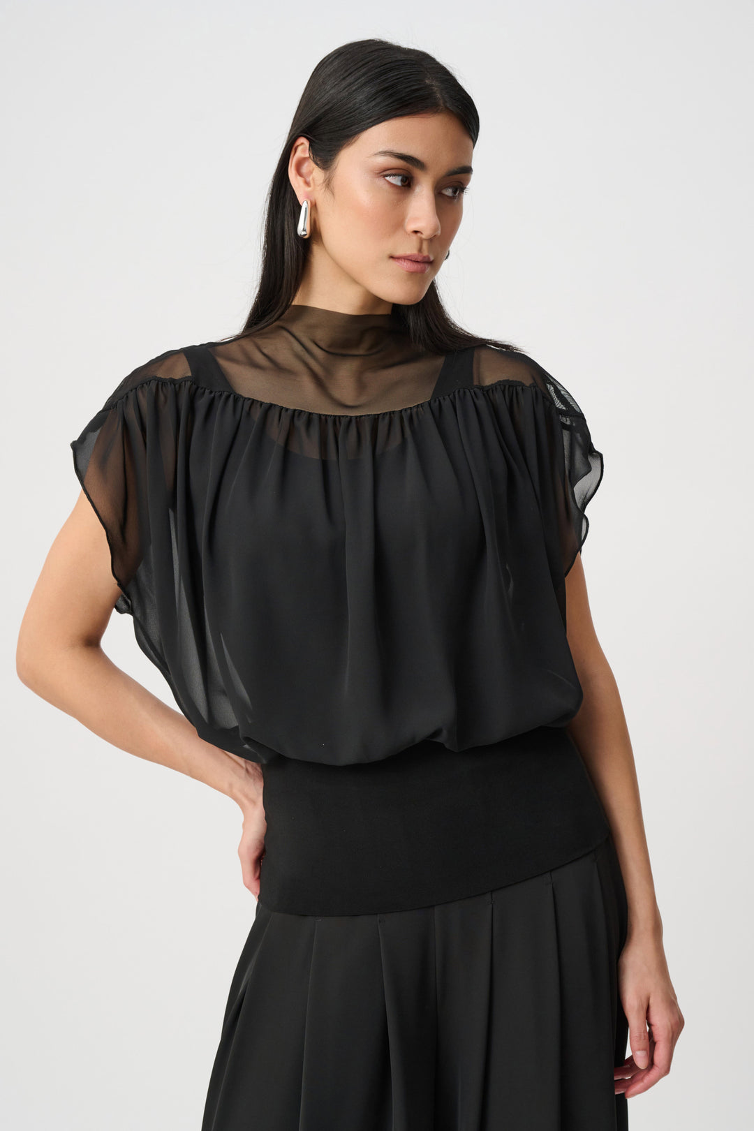 Joseph Ribkoff Chiffon and Silky Knit Blouson Top  263198  Black