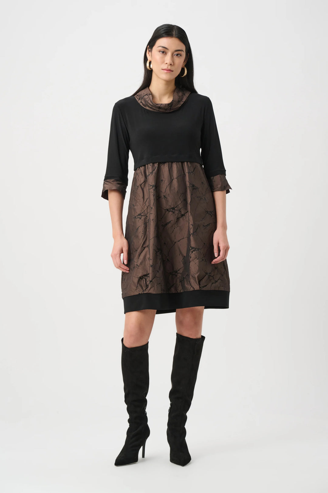 Joseph Ribkoff Jacquard Memory and Knit Cocoon Dress  263219  Brown/Black