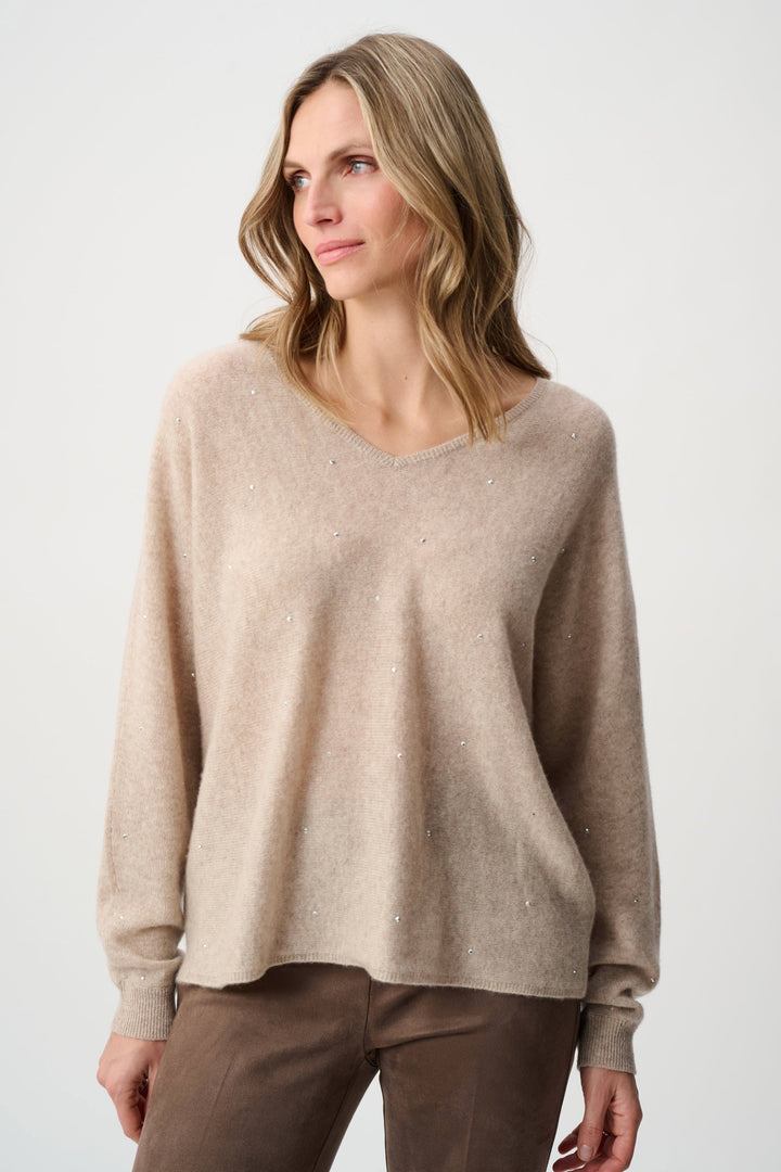 Joseph Ribkoff Cashmere Sweater with Rhinestone Detail  263940  Oatmeal Melange