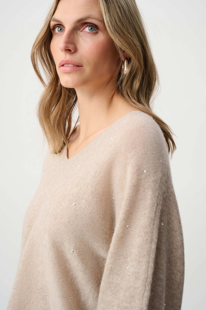Joseph Ribkoff Cashmere Sweater with Rhinestone Detail  263940  Oatmeal Melange