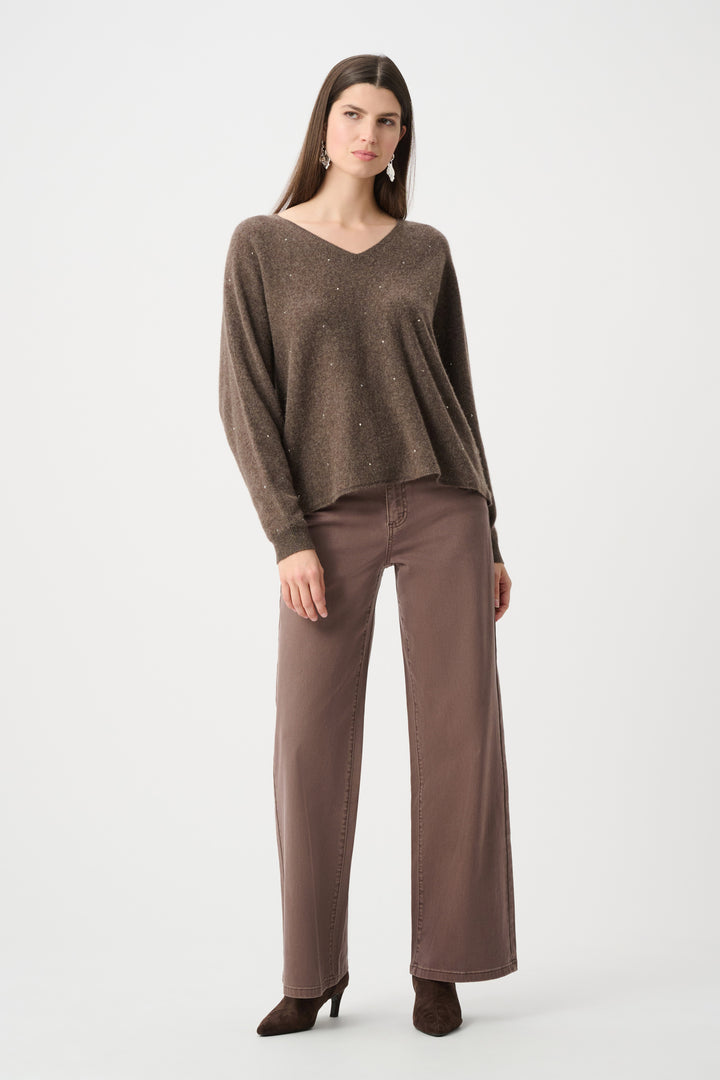 Joseph  Ribkoff Cashmere Boxy Sweater with Rhinestone Detail  263940  Dk Taupe Melange