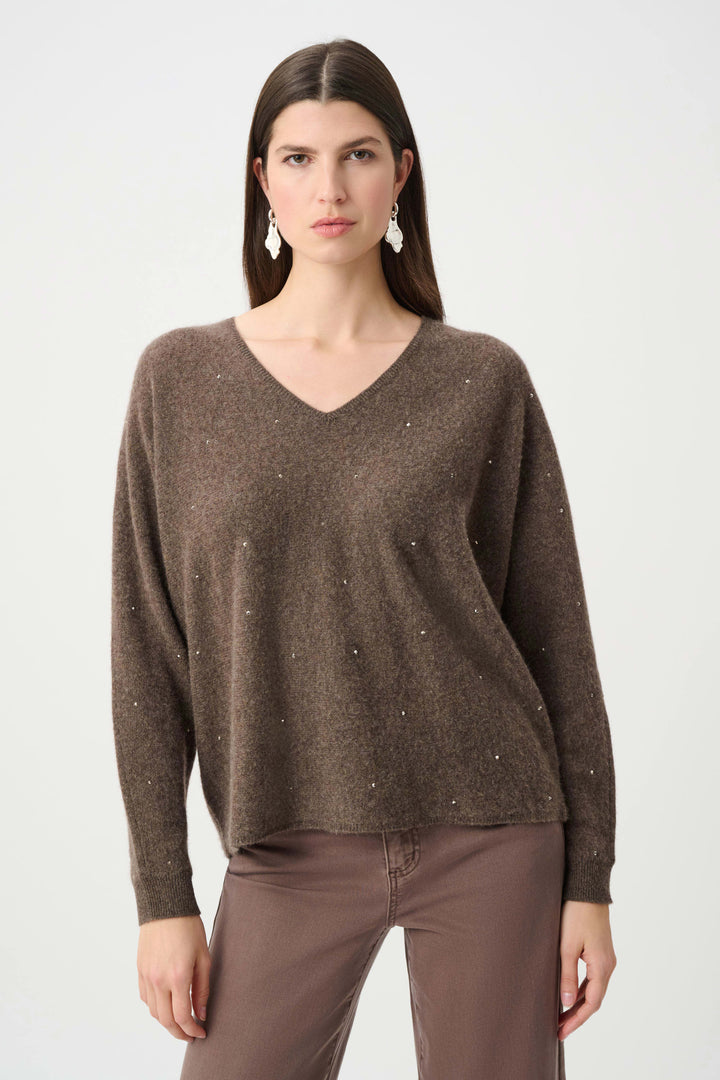 Joseph  Ribkoff Cashmere Boxy Sweater with Rhinestone Detail  263940  Dk Taupe Melange