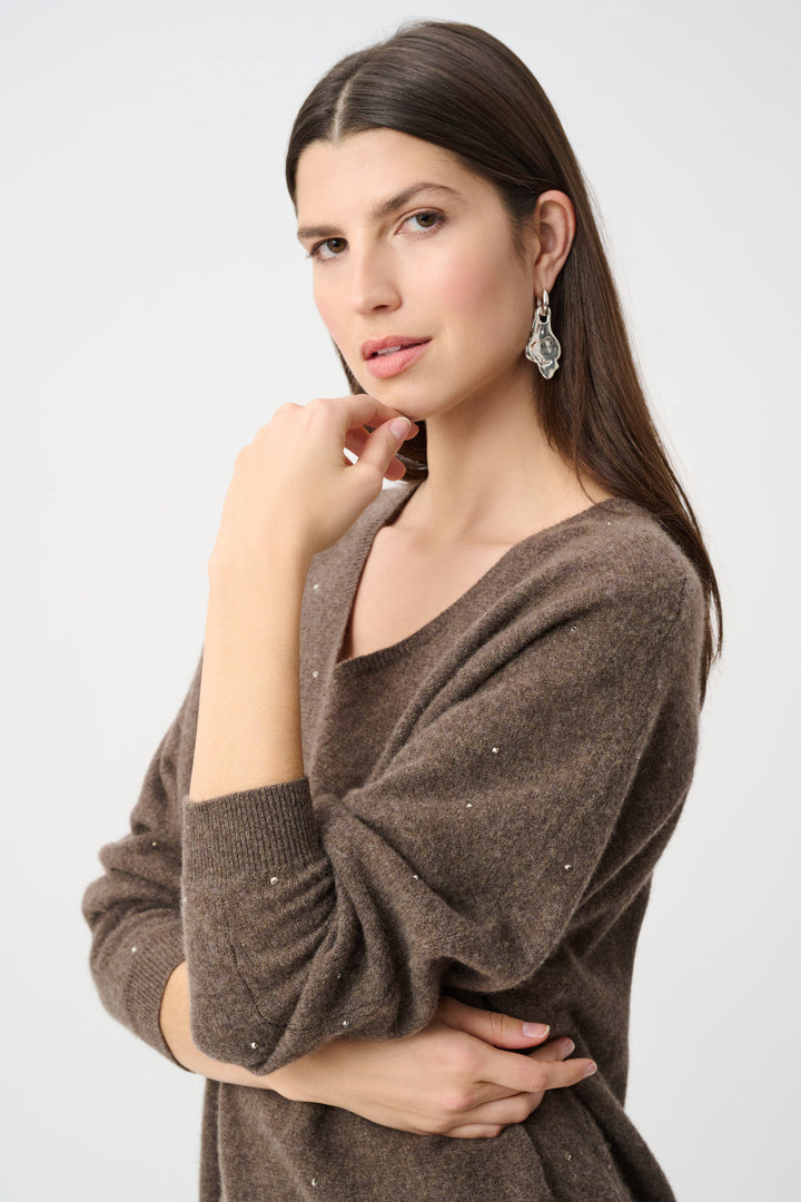 Joseph  Ribkoff Cashmere Boxy Sweater with Rhinestone Detail  263940  Dk Taupe Melange