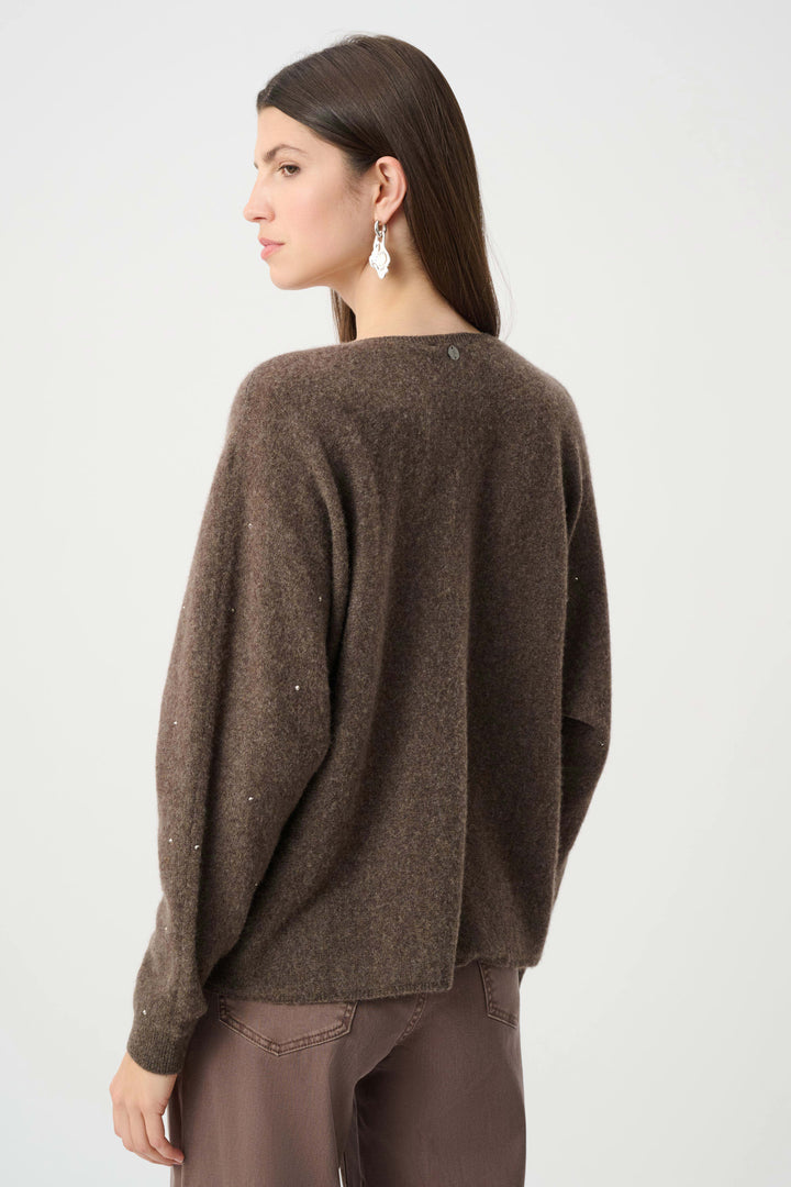 Joseph  Ribkoff Cashmere Boxy Sweater with Rhinestone Detail  263940  Dk Taupe Melange