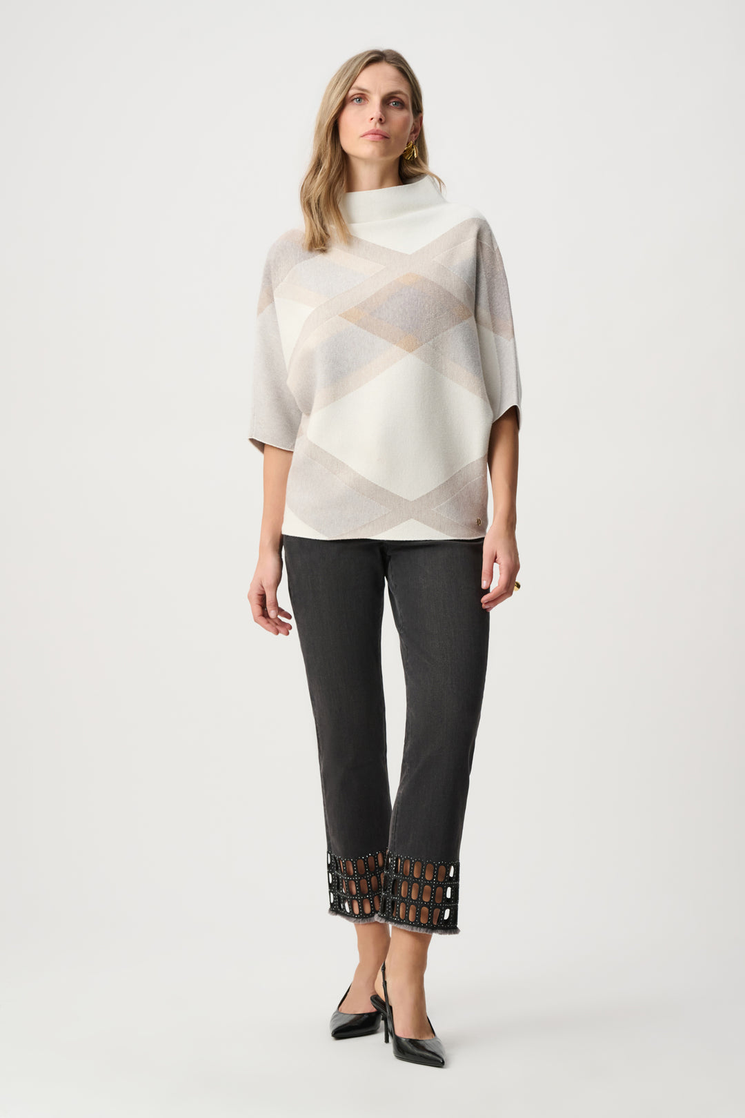 Joseph Ribkoff Plaid Funnel Neck Sweater  263947  Winter White/Multi