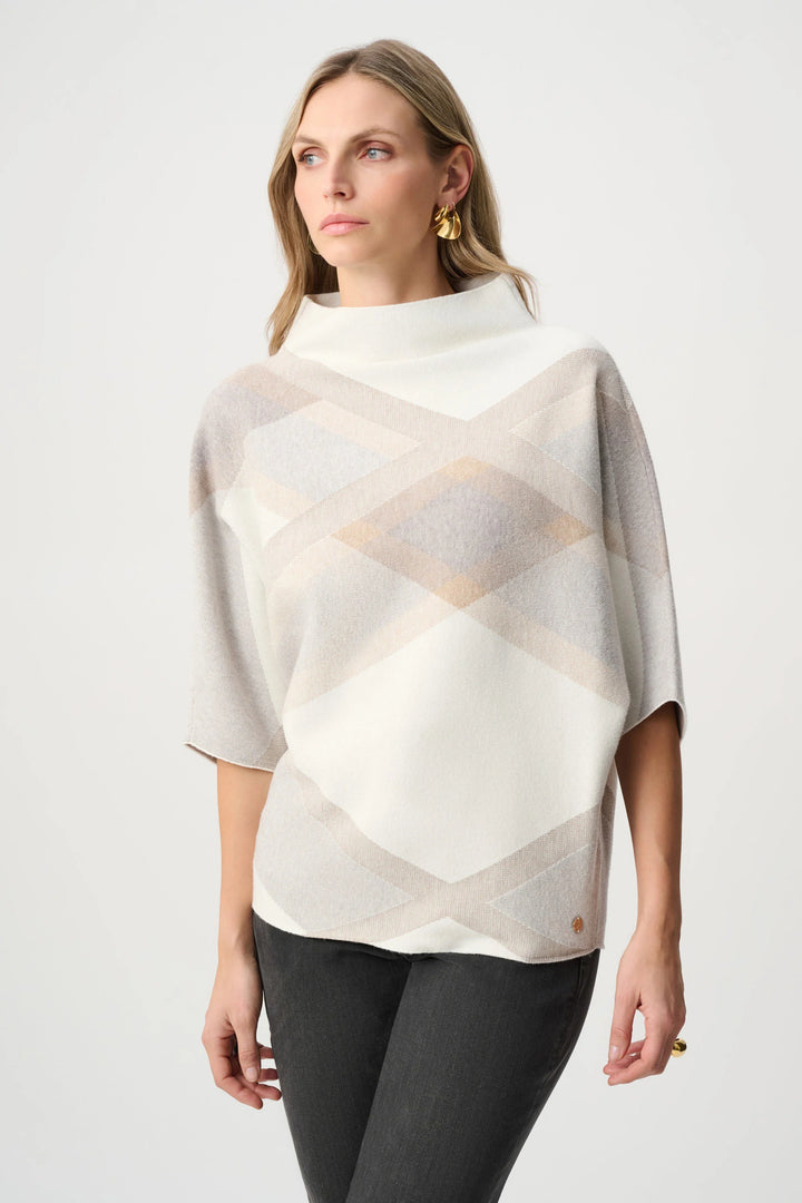 Joseph Ribkoff Plaid Funnel Neck Sweater  263947  Winter White/Multi