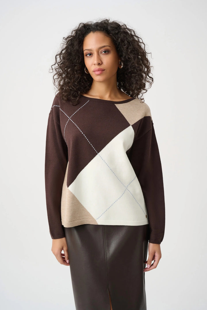 Joseph Ribkoff Argyle Pattern Crewneck Sweater  263948  Mocha/Multi