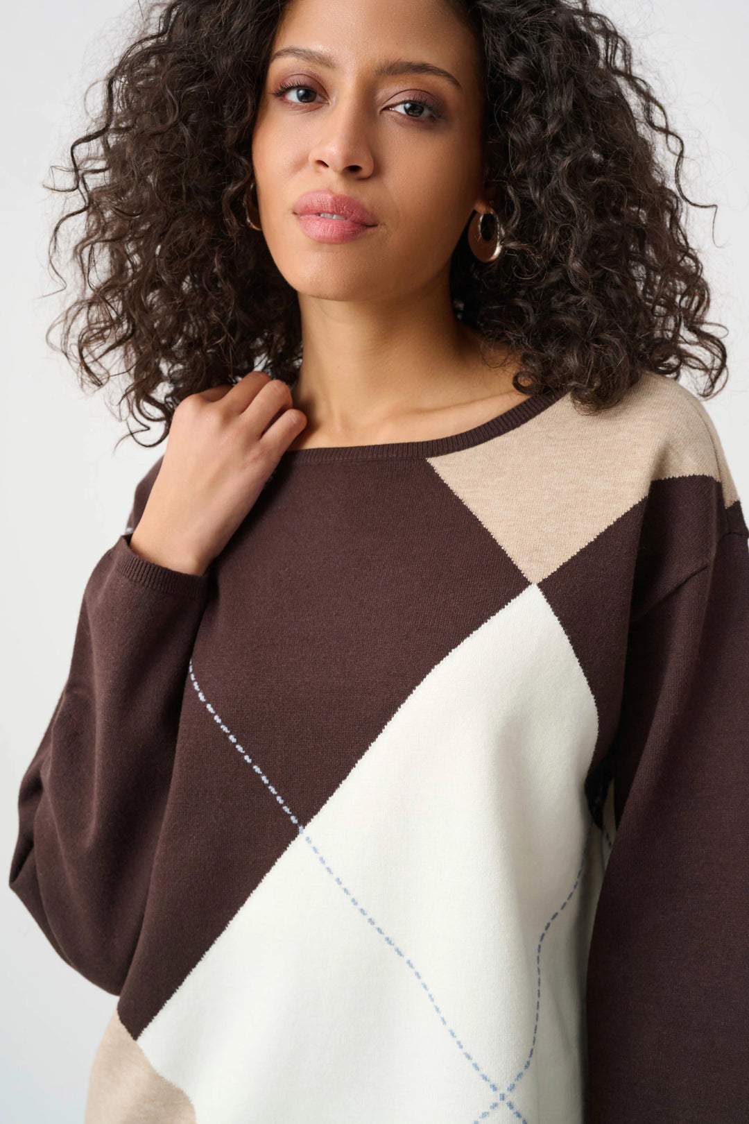 Joseph Ribkoff Argyle Pattern Crewneck Sweater  263948  Mocha/Multi